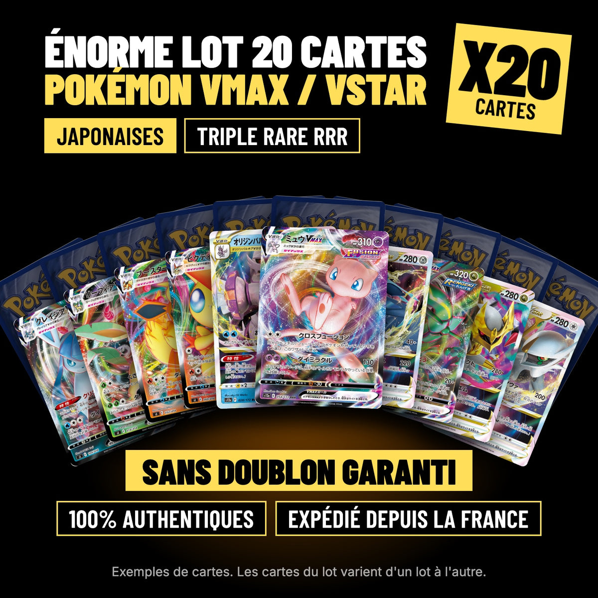 Lot de 20 cartes Pokémon VMAX / VSTAR japonaises Triple Rare RRR, sans doublon, 100% authentiques, exemples de cartes