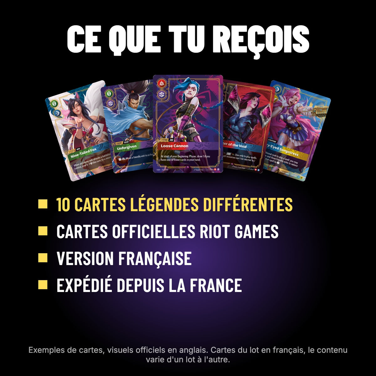 Contenu du lot : 10 cartes Riftbound légendes différentes, version française, expédiées depuis la France