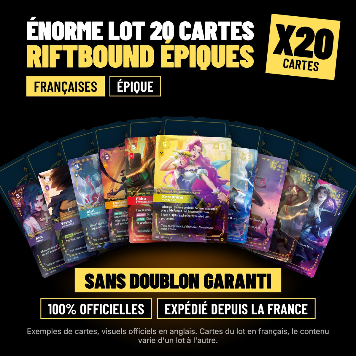 Énorme Lot 20 cartes Riftbound épiques françaises sans doublon, cartes officielles League of Legends TCG