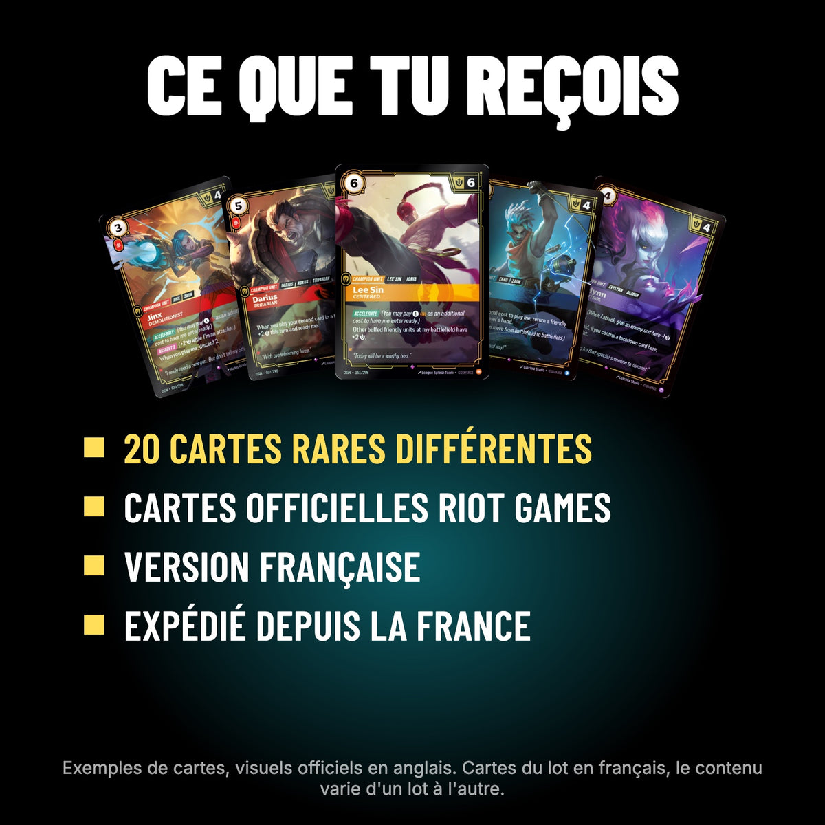 Contenu du lot : 20 cartes Riftbound rares différentes, version française, expédiées depuis la France