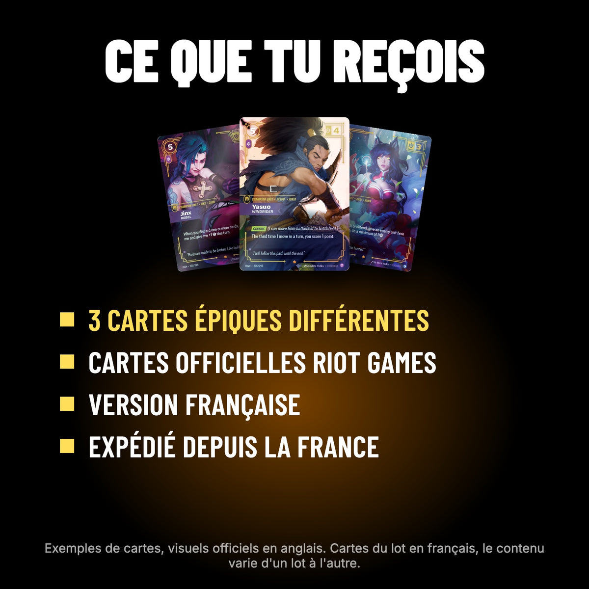 Contenu du lot : 3 cartes Riftbound épiques différentes, version française, expédiées depuis la France