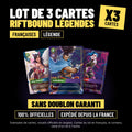 Lot de 3 cartes Riftbound légendes françaises sans doublon, cartes officielles League of Legends TCG