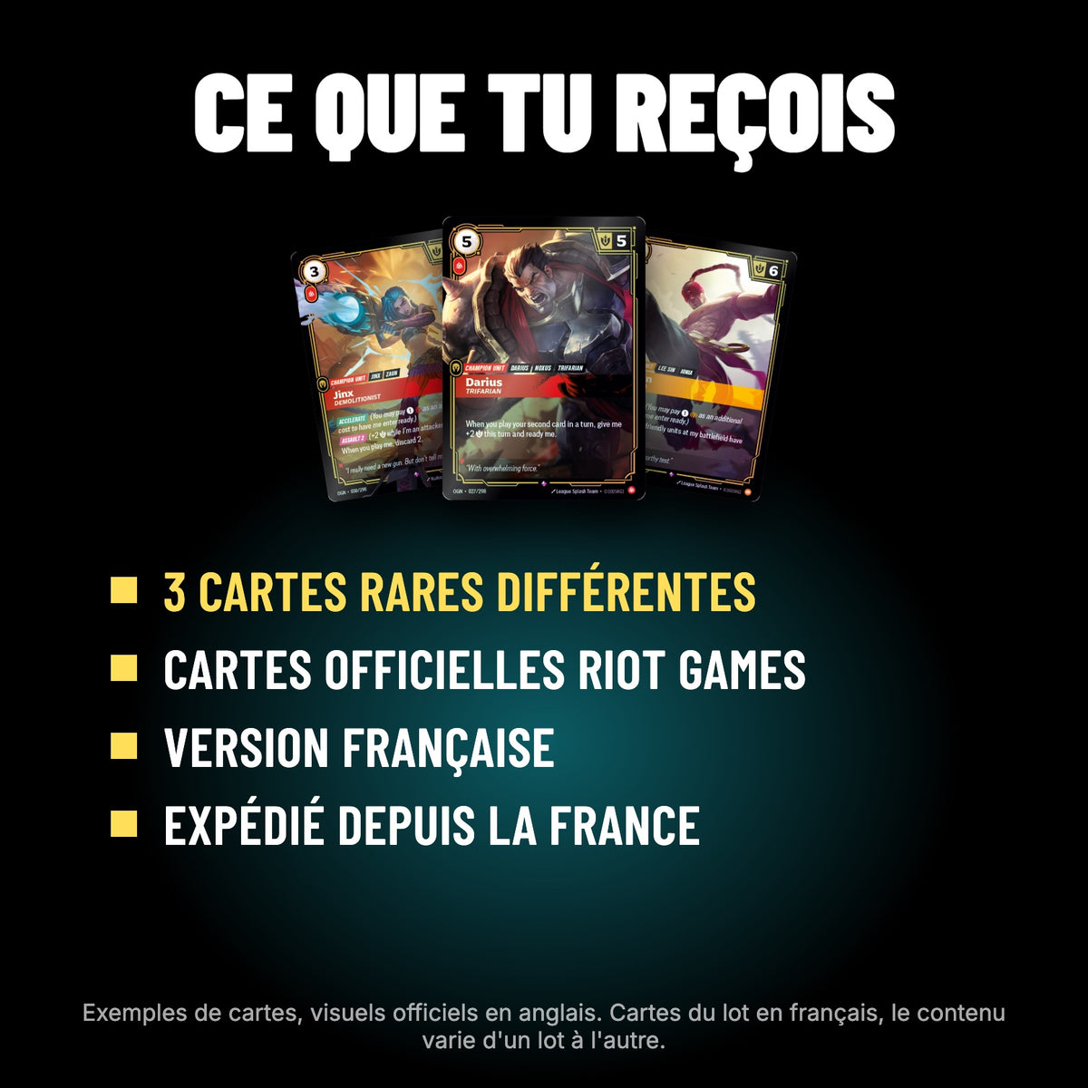 Contenu du lot : 3 cartes Riftbound rares différentes, version française, expédiées depuis la France