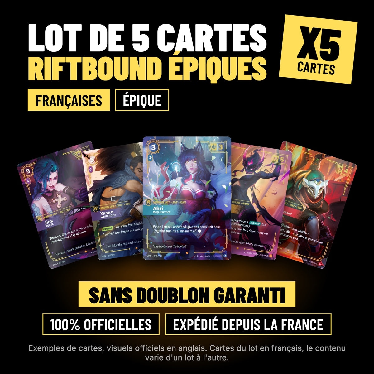 Lot de 5 cartes Riftbound épiques françaises sans doublon, cartes officielles League of Legends TCG