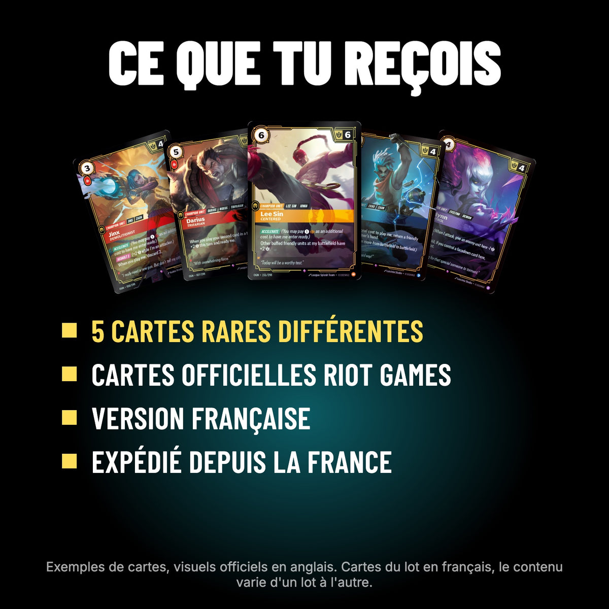 Contenu du lot : 5 cartes Riftbound rares différentes, version française, expédiées depuis la France