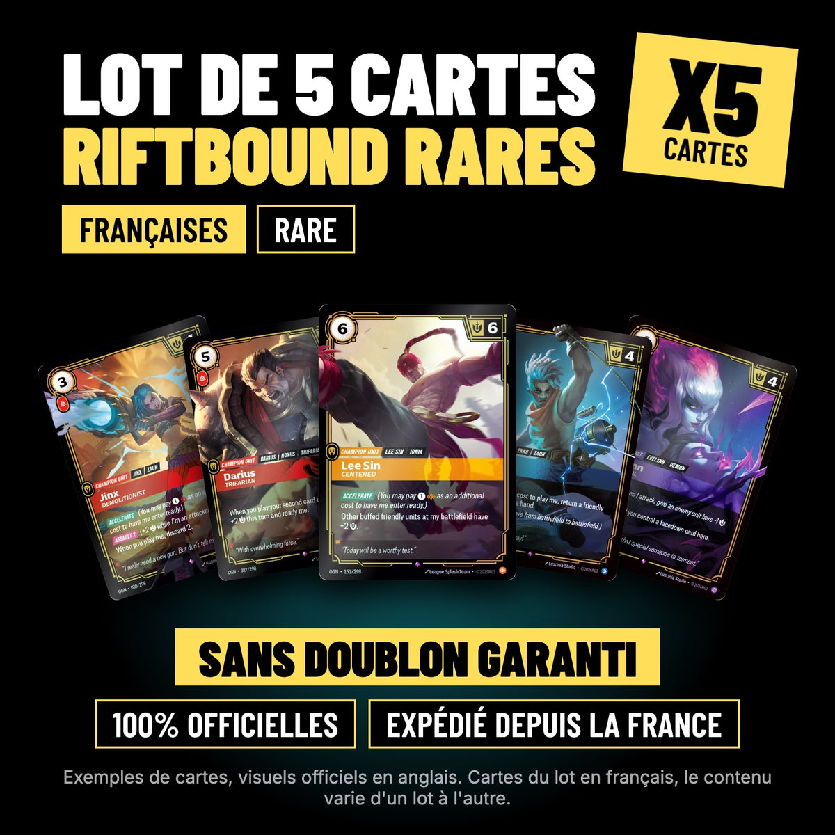 Lot de 5 cartes Riftbound rares françaises sans doublon, cartes officielles League of Legends TCG