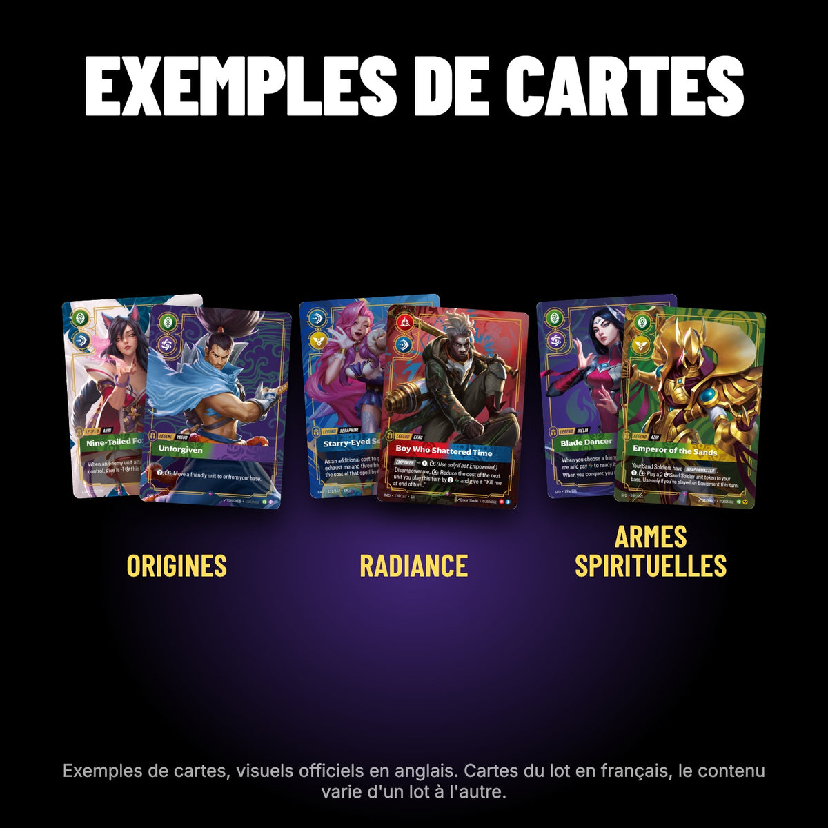 Exemples de cartes Légende Riftbound (visuels officiels en anglais), cartes du lot en français